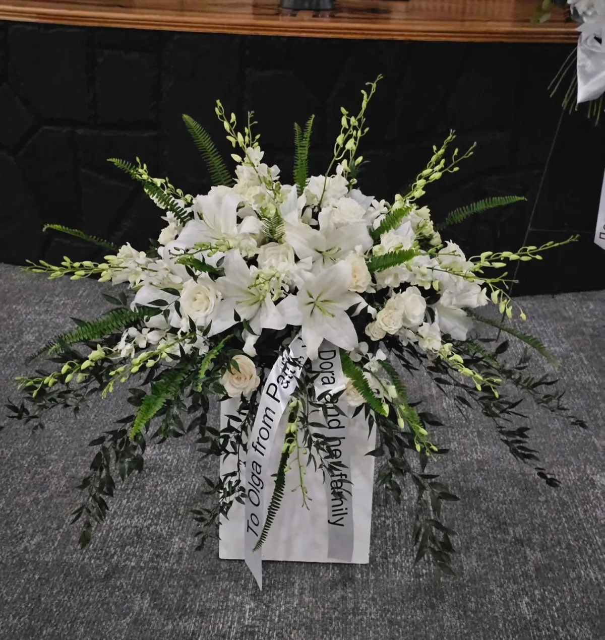 White casket spray with lilies and roses Vancouver WA